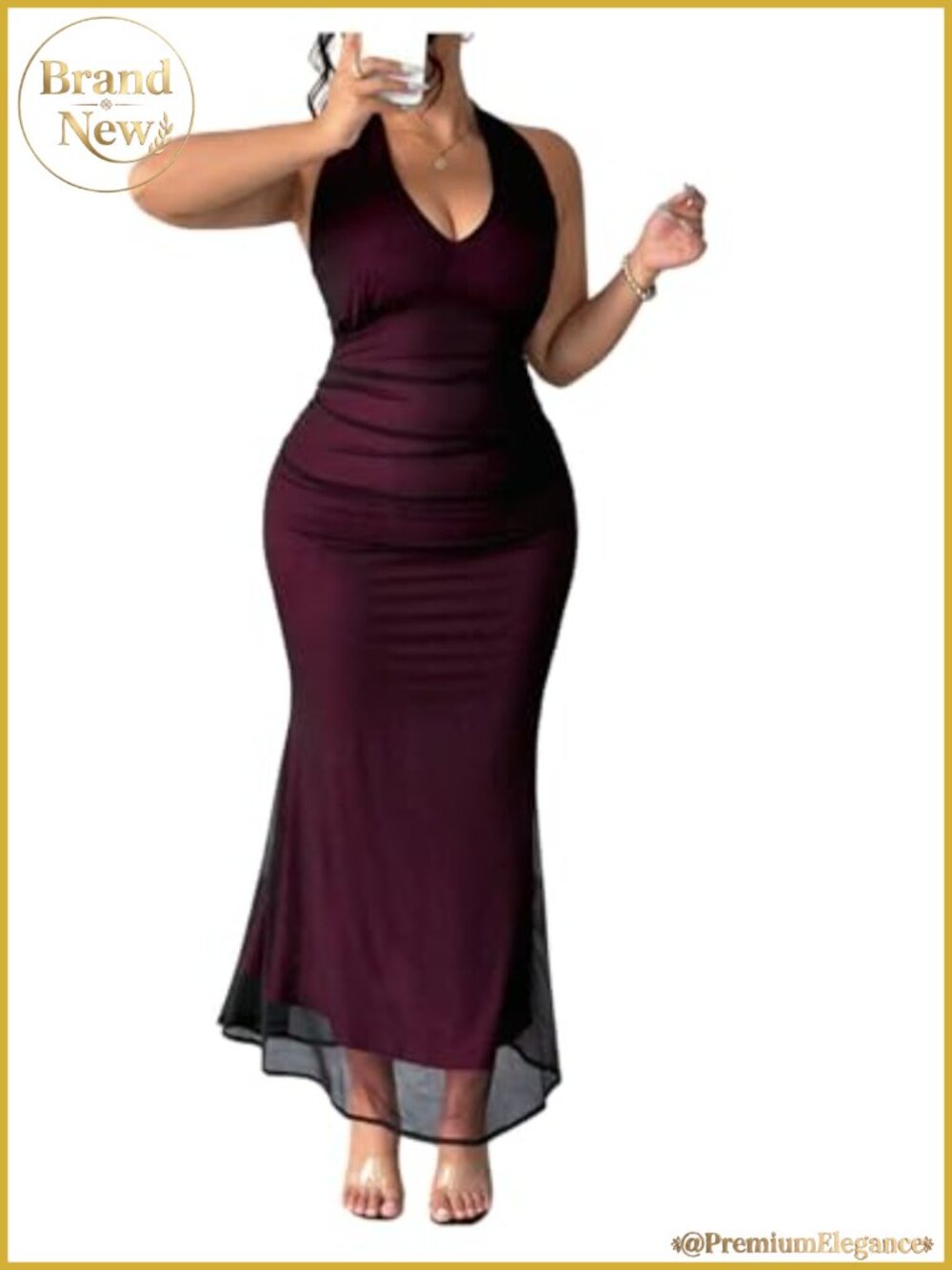 Plus Size Ruffle Halter Maxi Dress Mesh V Neck Bodycon Party Prom